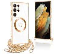 Pnakqil Funda para Samsung Galaxy S21 Ultra 5G con Cuerda, Compatible con MagSafe, Magnética Silicona Love-Heart Patrón Carcasa con Cadena de Metal para Colgar Collar, Correa Colgante- Blanco Oro