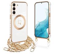 Pnakqil Funda para Samsung Galaxy S22 5G con Cuerda, Compatible con MagSafe, Magnética Silicona Love-Heart Patrón Carcasa con Cadena de Metal para Colgar Collar para Samsung S22, Correa - Blanco Oro