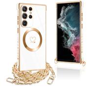 Pnakqil Funda para Samsung Galaxy S22 Ultra 5G con Cuerda, Compatible con MagSafe, Magnética Silicona Love-Heart Patrón Carcasa con Cadena de Metal para Colgar Collar, Correa Colgante- Blanco Oro