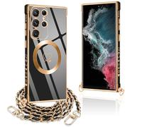Pnakqil Funda para Samsung Galaxy S22 Ultra 5G con Cuerda, Compatible con MagSafe, Magnética Silicona Love-Heart Patrón Carcasa con Cadena de Metal para Colgar Collar, Correa Colgante- Negro Oro