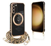 Pnakqil Funda para Samsung Galaxy S23 Plus con Cuerda, Compatible con MagSafe, Magnética Silicona Love-Heart Patrón Carcasa con Cadena de Metal para Colgar Collar para Samsung S23+, Correa - Negro oro