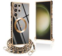 Pnakqil Funda para Samsung Galaxy S23 Ultra con Cuerda, Compatible con MagSafe, Magnética Silicona Love-Heart Patrón Carcasa con Cadena de Metal para Colgar Collar, Correa Colgante- Negro Oro