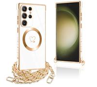 Pnakqil Funda para Samsung Galaxy S23 Ultra con Cuerda, Compatible con MagSafe, Magnética Silicona Love-Heart Patrón Carcasa con Cadena de Metal para Colgar Collar, Correa Colgante- Blanco Oro