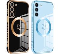 Pnakqil Magnética Funda para Samsung Galaxy S21 Plus 5G, Compatible con MagSafe, Patrón de Corazón Carcasa, Silicone TPU Soft Case Resistente para Samsung S21+ 6.7",[2-Pack] Negro y Azul