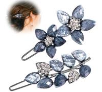 Pndeyo 2 pinzas para el pelo vintage de color azul tinta para mujer, pasadores de pelo con hojas de flores de cristal brillante, accesorios para el cabello de boda para cabello largo, corto, grueso,