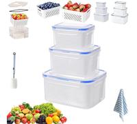 Pnedeodm 4 in 1 Food Storage Container, Airtight Fruit and Vegetable Storage - Including Drain Basket, Household Transparent Plastic Storage Box with Removable Colander for Fridge (3Pcs-Blue)