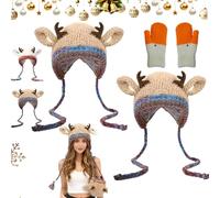 Pnedeodm Festive Christmas Antler Hat, Fluffy Winter Antler Hat & Bag 2-in-1 Converts into a Storage Bag, Knitted Windproof Warm Hats with Ear Flaps for Big Small Head (2, Khaki, One Size)