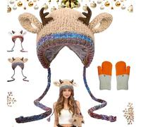 Pnedeodm Festive Christmas Antler Hat, Fluffy Winter Antler Hat & Bag 2-in-1 Converts into a Storage Bag, Knitted Windproof Warm Hats with Ear Flaps for Big Small Head (1, Khaki, One Size)