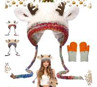 Pnedeodm Festive Christmas Antler Hat, Fluffy Winter Antler Hat & Bag 2-in-1 Converts into a Storage Bag, Knitted Windproof Warm Hats with Ear Flaps for Big Small Head (1, Beige, One Size)