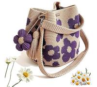 Pnedeodm Handmade Crochet Flower Tote Bag, Boho Woven Crossbody Shoulder Purse with Tassel for Women Summer Beach Vacation (Purple)