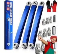 Pnedeodm Offset Extension Wrench Set 39cm, Ratchet Extension with 0° Swivel Range, Universal Wrench Extensions with 1/4" 3/8" 1/2" Adapters for Tight Spaces in Automotive (3Pcs)