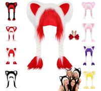 Pnedeodm Soft Furry Animal Ear Hat with Braids, Fursuit Cat Ears Headwear Plush Fur Hat, Winter Plush Cat Ears Hats for Cosplay, Winter Warmth & Party Accessories (Red and White)