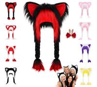 Pnedeodm Soft Furry Animal Ear Hat with Braids, Fursuit Cat Ears Headwear Plush Fur Hat, Winter Plush Cat Ears Hats for Cosplay, Winter Warmth & Party Accessories (Black and Red)