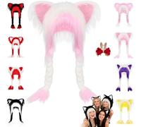 Pnedeodm Soft Furry Animal Ear Hat with Braids, Fursuit Cat Ears Headwear Plush Fur Hat, Winter Plush Cat Ears Hats for Cosplay, Winter Warmth & Party Accessories (White and Pink)