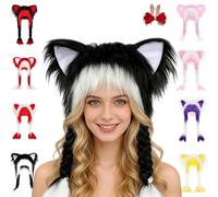 Pnedeodm Soft Furry Animal Ear Hat with Braids, Fursuit Cat Ears Headwear Plush Fur Hat, Winter Plush Cat Ears Hats for Cosplay, Winter Warmth & Party Accessories (Black and White)