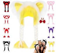 Pnedeodm Soft Furry Animal Ear Hat with Braids, Fursuit Cat Ears Headwear Plush Fur Hat, Winter Plush Cat Ears Hats for Cosplay, Winter Warmth & Party Accessories (White and Yellow)