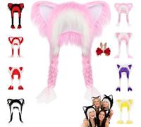 Pnedeodm Soft Furry Animal Ear Hat with Braids, Fursuit Cat Ears Headwear Plush Fur Hat, Winter Plush Cat Ears Hats for Cosplay, Winter Warmth & Party Accessories (Pink and White)