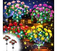 Pnedeodm Solar Flowers Memorial Garden Bloom Lights, Ultra-Realistic Artificial Azalea Stake Lights, Weatherproof Solar Powered Outdoor Decor for Yard, Patio, Pathway, Lawn and Cemetery (2Pcs-Red)