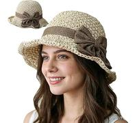 Pnedeodm Versatile Retro Woven Handmade Straw Hat with Ruffled Bow, Breathable Foldable Straw Bucket Hats, Wide Brim Beach Hat for Summer Travel (Beige)