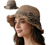 Pnedeodm Versatile Retro Woven Handmade Straw Hat with Ruffled Bow, Breathable Foldable Straw Bucket Hats, Wide Brim Beach Hat for Summer Travel (Coffee)