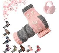 Pnedeodm Women's Knitted Fingerless Gloves with Cute Cat Pattern Embroidery, 2026 New Warm Splicing Knitted Fingerless Gloves, Cat Embroidery Casual Gloves for Cold Weather Gift (Pink)