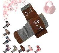 Pnedeodm Women's Knitted Fingerless Gloves with Cute Cat Pattern Embroidery, 2026 New Warm Splicing Knitted Fingerless Gloves, Cat Embroidery Casual Gloves for Cold Weather Gift (Brown)