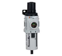 PneumaticPlus PPP3-N02BG Regulador de filtro de aire comprimido, combo Piggyback, NPT de 1/4 pulgadas (alto flujo), 5 micras, cuenco de polietileno, drenaje manual, soporte, medidor integrado