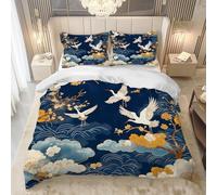 PNH unda nórdica de 140 x 200 cm, funda nórdica de grúa dorada, rama, nube de microfibra, juego de cama estilo japonés con cremallera y 2 fundas de almohada -TR2