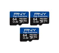 PNY Tarjeta microSDXC 3x64GB Pro Elite™ High Endurance C10 U3 V30 A2, hasta 100MB/s de Lectura, 4K UHD, Full HD, UHS-I, cámara de vigilancia y de Seguridad, grabación Continua, Dash CAM