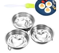 Poached Egg Cups - 3 Stainless Steel Egg Poacher Pan | Nonstick Eggs Steamer with Rack | Eggs Maker Cups with Brush, Fried Pancake Mold Cooker 304 Stainless Steel Heart Shaped Round Boiled