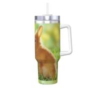 Poadnly Amor de conejo impreso,Vaso Ice Bully de 40 oz con asa, tapa, pajita, de acero inoxidable, taza de café para coche.
