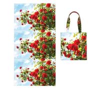 Poadnly Arbusto de Rosas Rojas Impreso, Toalla Plegable 2 en 1, Toallas de Playa con Bolsa de Transporte para Viajes, Vacaciones y Camping.
