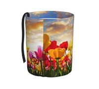 Poadnly Atardecer con flores de tulipán,Cubo de basura colgante para coche, resistente al agua, ideal para acampar y viajar.