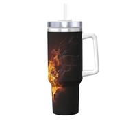 Poadnly Baloncesto Fire,Vaso Ice Bully de 40 oz con asa, tapa, pajita, de acero inoxidable, taza de café para coche.