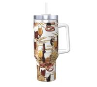Poadnly Barril de cerveza y vino,Vaso Ice Bully de 40 oz con asa, tapa, pajita, de acero inoxidable, taza de café para coche.