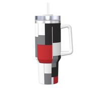 Poadnly Bloque de color rojo negro gris blanco,Vaso Ice Bully de 40 oz con asa, tapa, pajita, de acero inoxidable, taza de café para coche.
