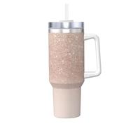 Poadnly Bloque rosa degradado con purpurina sintética color oro rosa,Vaso Ice Bully de 40 oz con asa, tapa, pajita, de acero inoxidable, taza de café para coche.