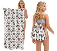 Poadnly Bulldog francés con Gafas, Bolsa con Toalla Plegable 2 en 1, Toallas de Playa con Mochila de cordón para Viajes, Vacaciones y Acampada