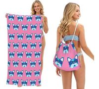 Poadnly Bulldog francés con Gafas, Bolsa con Toalla Plegable 2 en 1, Toallas de Playa con Mochila de cordón para Viajes, Vacaciones y Acampada