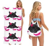 Poadnly Bulldog francés con Rosa, Bolsa con Toalla Plegable 2 en 1, Toallas de Playa con Mochila de cordón para Viajes, Vacaciones y Acampada