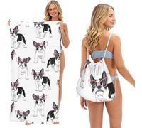 Poadnly Bulldog francés Negro de Dibujos Animados, Gafas Rosas, Perro Blanco, Bolsa con Toalla Plegable 2 en 1, Toallas de Playa con Mochila de cordón para Viajes, Vacaciones y Acampada
