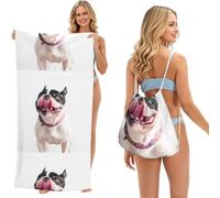Poadnly Bulldog francés, Perro Curioso y Feliz, Bolsa con Toalla Plegable 2 en 1, Toallas de Playa con Mochila de cordón para Viajes, Vacaciones y Acampada