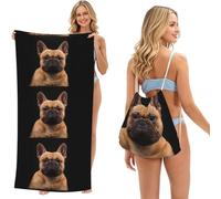 Poadnly Bulldog francés sobre Fondo Negro, Bolsa con Toalla Plegable 2 en 1, Toallas de Playa con Mochila de cordón para Viajes, Vacaciones y Acampada