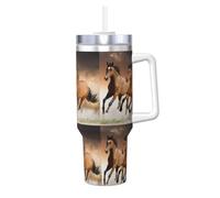 Poadnly Caballo corriendo, animal salvaje,Vaso Ice Bully de 40 oz con asa, tapa, pajita, de acero inoxidable, taza de café para coche.