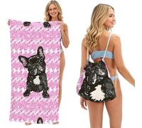Poadnly Cachorro de Bulldog francés, Bolsa con Toalla Plegable 2 en 1, Toallas de Playa con Mochila de cordón para Viajes, Vacaciones y Acampada