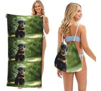 Poadnly Cachorro Negro de Pastor francés Beauceron, Adorable, Bolsa con Toalla Plegable 2 en 1, Toallas de Playa con Mochila de cordón para Viajes, Vacaciones y Acampada