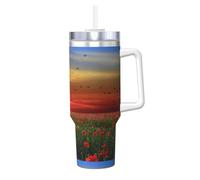 Poadnly Campo de amapolas rojas al atardecer impreso,Vaso Ice Bully de 40 oz con asa, tapa, pajita, de acero inoxidable, taza de café para coche.