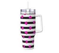 Poadnly Corazón rosa sobre línea negra,Vaso Ice Bully de 40 oz con asa, tapa, pajita, de acero inoxidable, taza de café para coche.