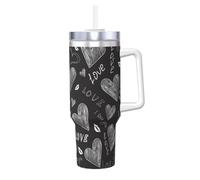 Poadnly Corazones escritos a mano Palabras de amor,Vaso Ice Bully de 40 oz con asa, tapa, pajita, de acero inoxidable, taza de café para coche.