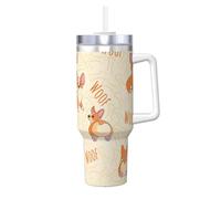 Poadnly Corgi con huesos y palabras,Vaso Ice Bully de 40 oz con asa, tapa, pajita, de acero inoxidable, taza de café para coche.